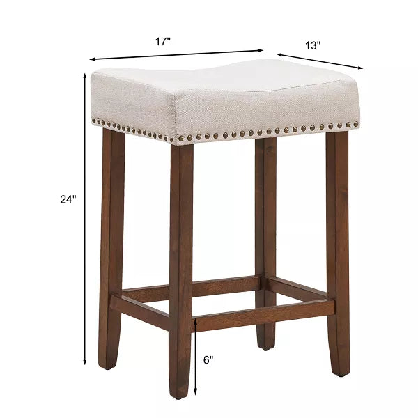 Costway Set of 4 Nailhead Saddle Bar Stools 24'' Height w/ Fabric Seat & Wood Legs Beige\Gray