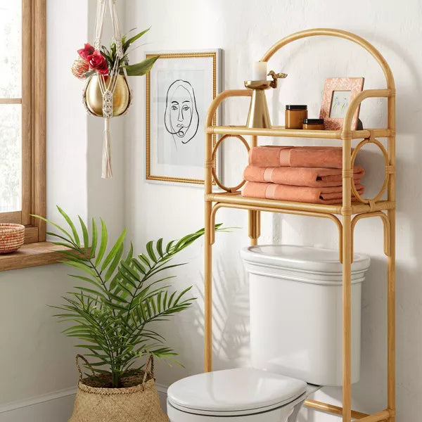 Rattan Etagere Tan - Threshold™: Freestanding Over Toilet Storage, Lacquered Wicker with Fixed Shelves