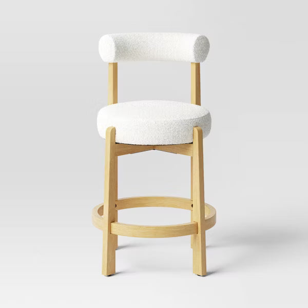 Sculptural Upholstered and Wood Boucle Counter Height Barstool Cream - Threshold™: Round, Stained, Polyurethane Foam Filled