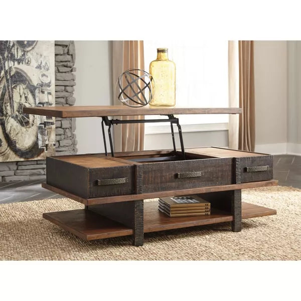 Stanah Coffee Table with Lift Top Black/Brown - Signature Design by Ashley: Storage Shelf, Rectangular, Mid-Century Modern Style