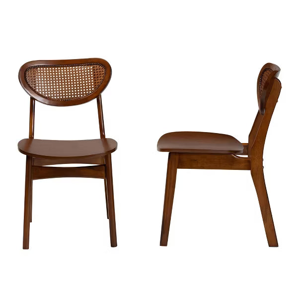Baxton Studio 2pc Hesper Wood and Rattan Dining Chair Set Walnut Brown/Light Brown: Mid-Century, Crescent Backrest, Angled Legs