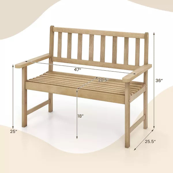 Costway Indonesia Teak Wood Garden Bench 2-Person Patio Bench with Backrest & Armrests Natural