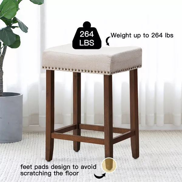 Costway Set of 4 Nailhead Saddle Bar Stools 24'' Height w/ Fabric Seat & Wood Legs Beige\Gray