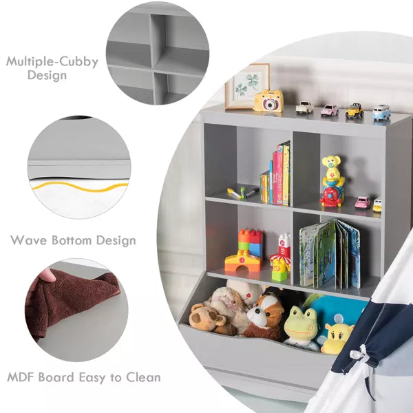 Costway 3-Tier Children's Multi-Functional Bookcase Toy Storage Bin Floor Cabinet GreyWhite