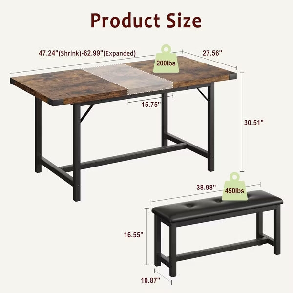 Nasitip 3-Piece Extendable Wooden Dining Set,Stretchable Table with 2 Upholstered Benches, Dining Table Set for 4-6, Space-Saving Retro Farmhouse Set