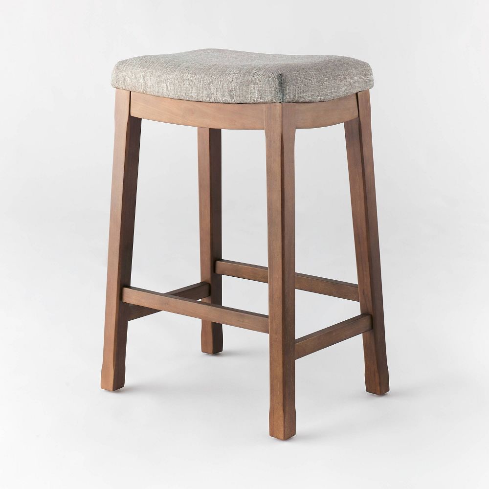 Candor Wood and Upholstered Saddle Counter Height Barstool Gray Linen - Threshold™
