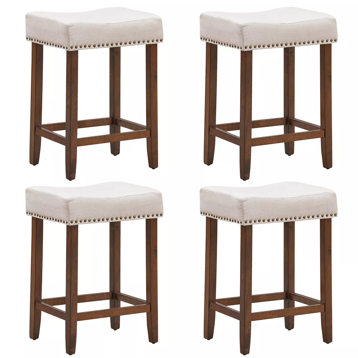 Costway Set of 4 Nailhead Saddle Bar Stools 24'' Height w/ Fabric Seat & Wood Legs Beige\Gray