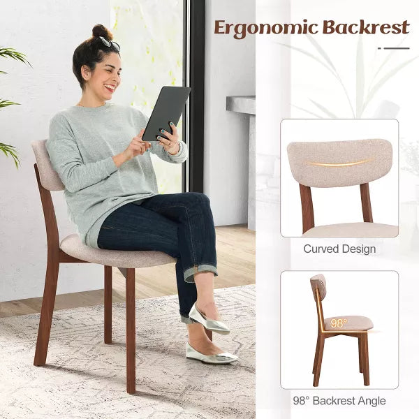 Costway 2 PCS Upholstered Dining Chairs Set of 2 with Solid Rubber Wood Frame, Curved Backrest Beige/Grey