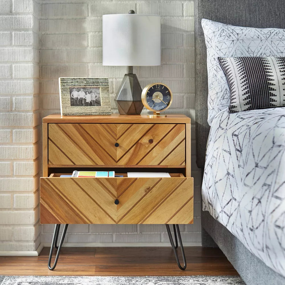 Alexandria 2 Drawer Nightstand Oak - Lifestorey: Mid-Century Modern Bedside Table, Wood Veneer Finish