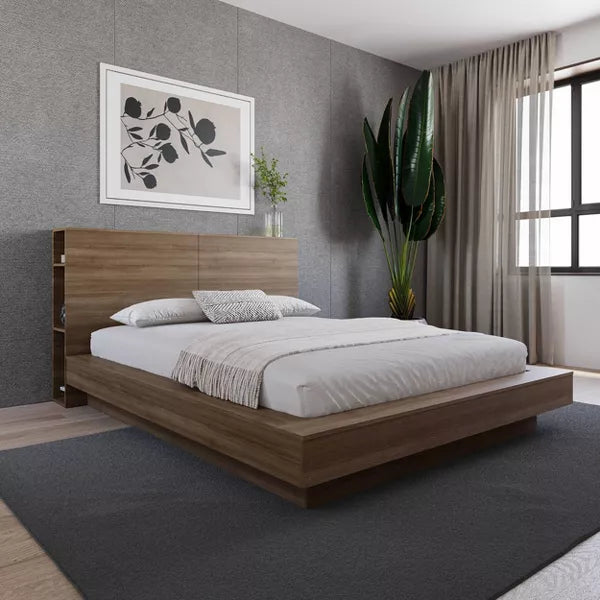 Nexera Queen Marconi Headboard Brown Oak: Engineered Wood with Side Storage Shelves