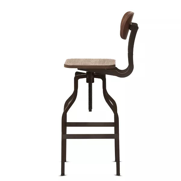 Varek Wood and Rust Finished Steel Adjustable Swivel Barstool Brown - BaxtonStudio: Modern Upholstered, Spot Clean, Metal Frame