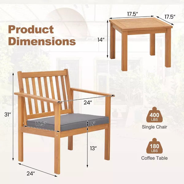 Costway 3 PCS Patio Wood Furniture Set Acacia Wood Chairs & Coffee Table with soft Cushions Grey/White