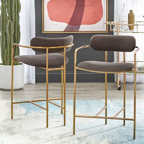 Buylateral Set of 2 Retro Velvet 24" Counter Height Barstools Gray: Gold Frame, Padded Back