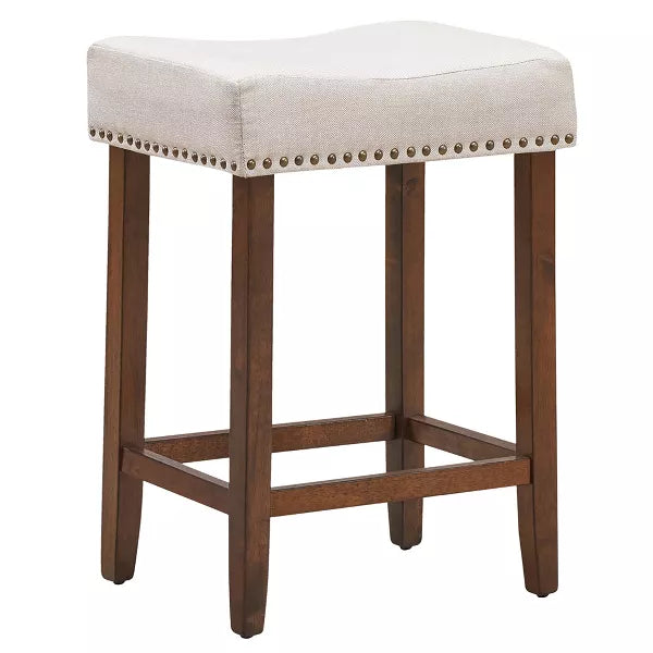 Costway Set of 4 Nailhead Saddle Bar Stools 24'' Height w/ Fabric Seat & Wood Legs Beige\Gray