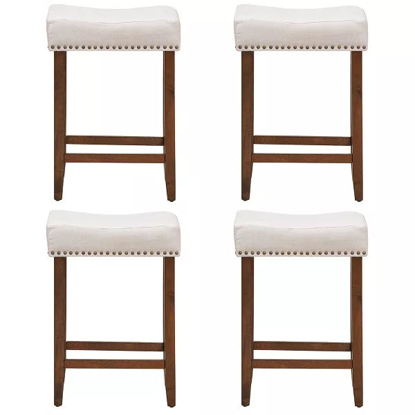 Costway Set of 4 Nailhead Saddle Bar Stools 24'' Height w/ Fabric Seat & Wood Legs Beige\Gray