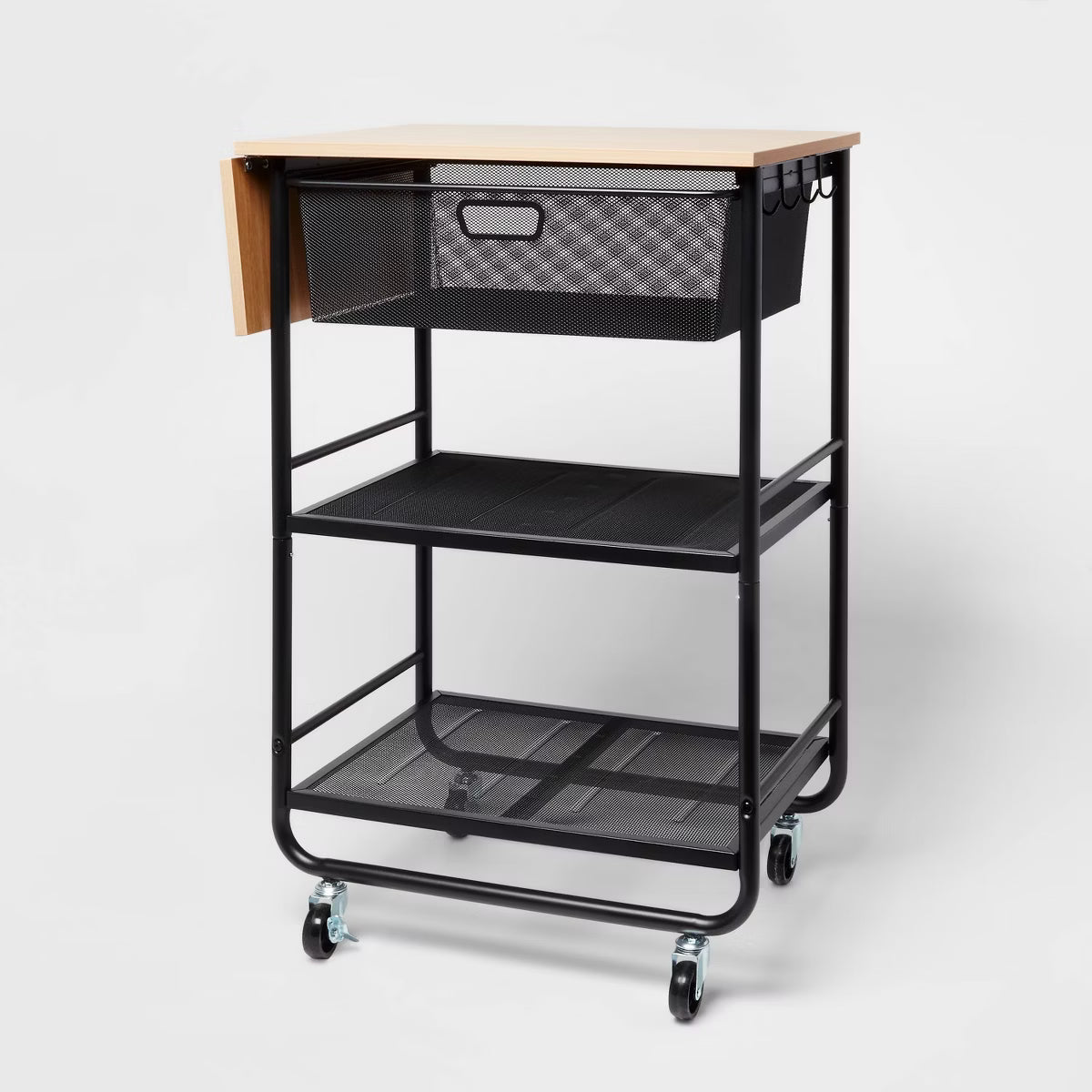 Metal Storage Cart with Mesh Drawer and Wood Top Black - Brightroom™: Rolling Utility Cart with Casters & Storage Drawers