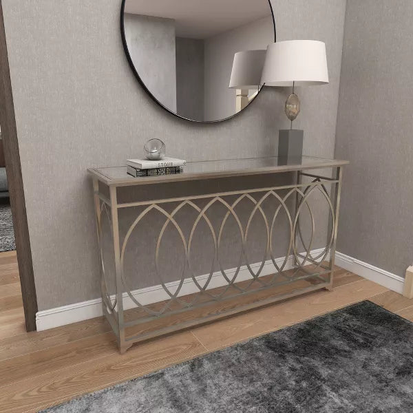 Metal and Mirror Trellis Design Front and Sides Console Table Silver - Olivia & May