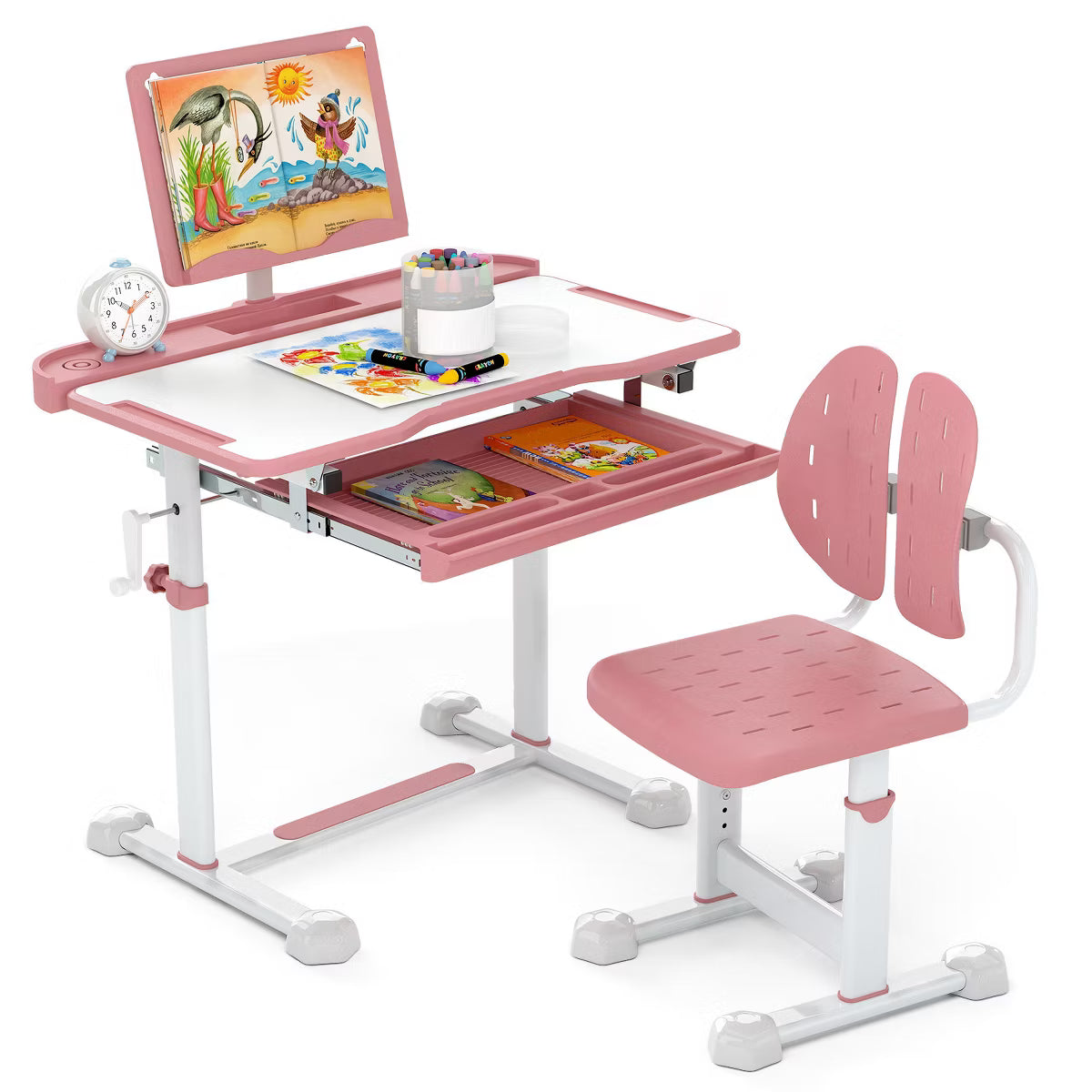 Costway HY10409PI Kids Study Desk & Chair Set with Tilt Desktop & Book Stand, Pink