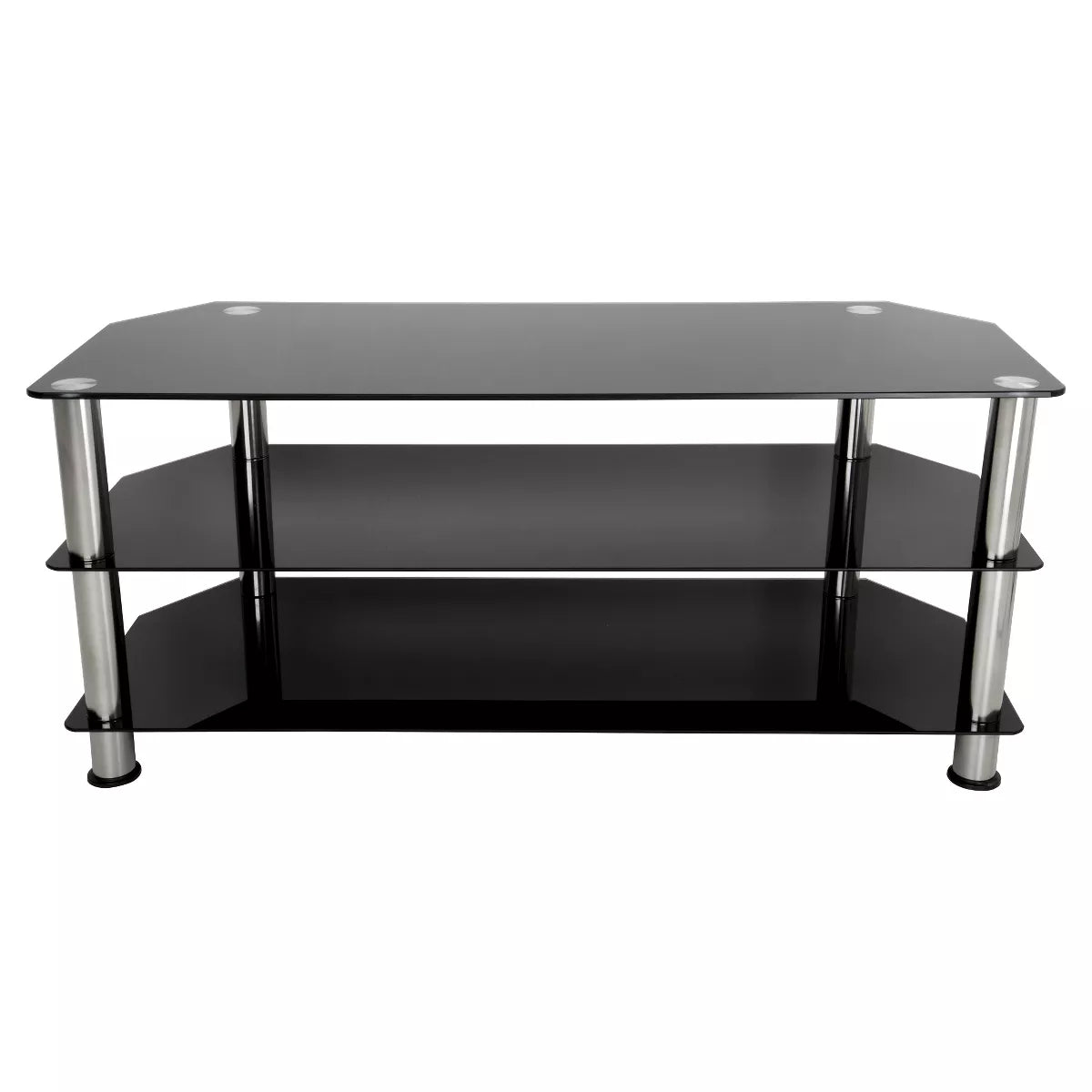 Glass Shelves TV Stand for TVs up to 55" - Silver/Black: Chrome Legs, Corner Fit, Open Design