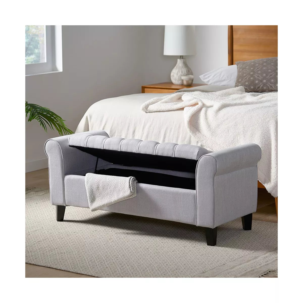 Fabric Storage Ottoman, Modern Button Tuft Storage Bench With Rolled Arms, Soft Entryway Ottoman With Sturdy Legs