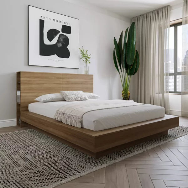 Nexera Queen Marconi Headboard Brown Oak: Engineered Wood with Side Storage Shelves