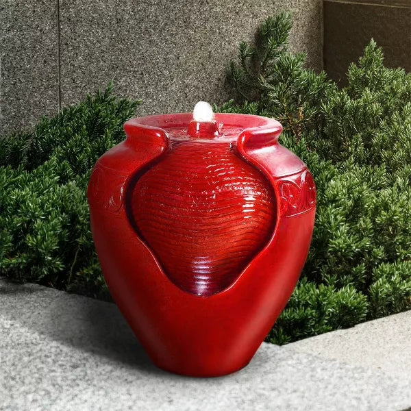 16.93" Glazed Pot Outdoor Floor Fountain with LED Lights - Red - Teamson Home