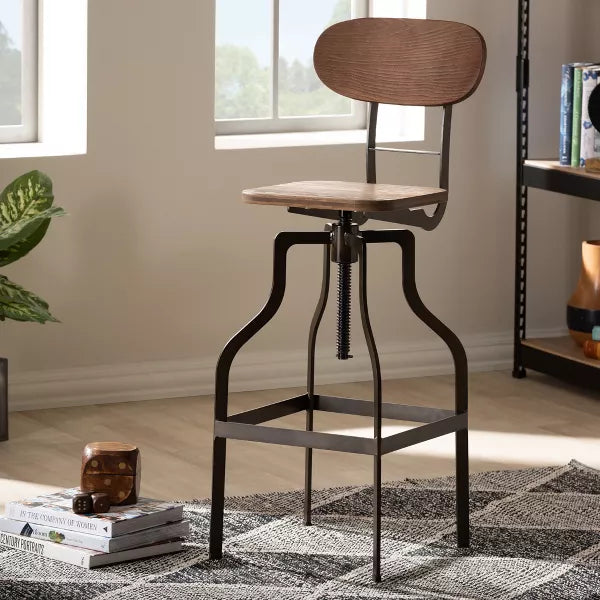 Varek Wood and Rust Finished Steel Adjustable Swivel Barstool Brown - BaxtonStudio: Modern Upholstered, Spot Clean, Metal Frame