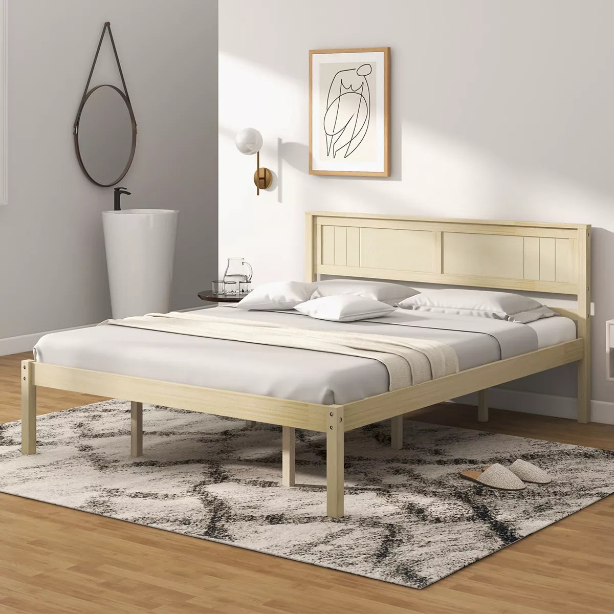 Twin Size Wooden Platform Bed Frame with Headboard Mattress Foundation Natural size full size:79.5'' x 57'' x 36'' (l x w x h)