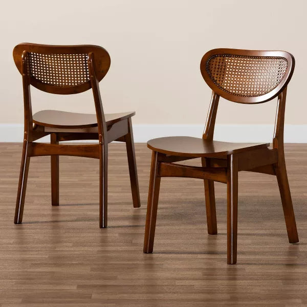 Baxton Studio 2pc Hesper Wood and Rattan Dining Chair Set Walnut Brown/Light Brown: Mid-Century, Crescent Backrest, Angled Legs