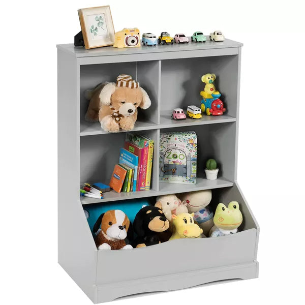 Costway 3-Tier Children's Multi-Functional Bookcase Toy Storage Bin Floor Cabinet GreyWhite