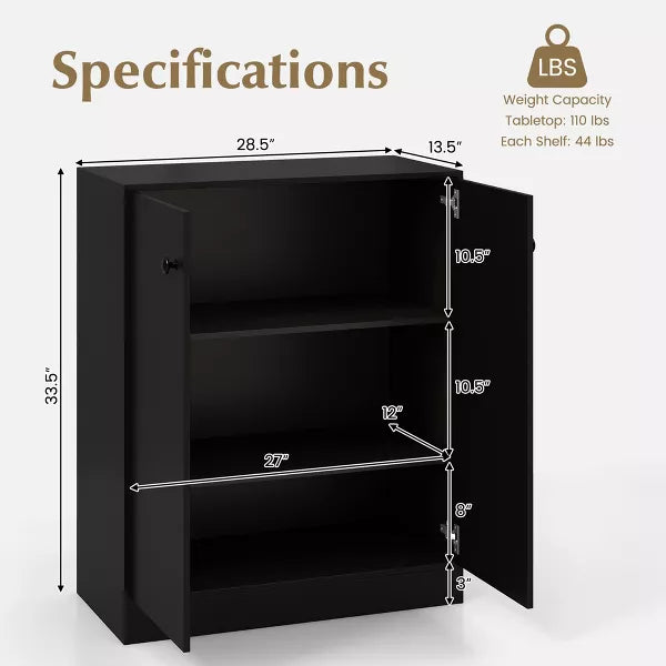 2-Door Storage Cabinet Freestanding Storage Organizer with 3-Tier Shelf Entryway Black/Brown