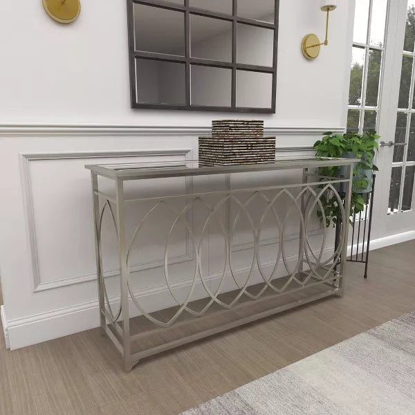 Metal and Mirror Trellis Design Front and Sides Console Table Silver - Olivia & May