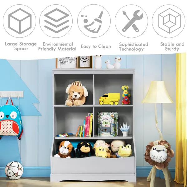 Costway 3-Tier Children's Multi-Functional Bookcase Toy Storage Bin Floor Cabinet GreyWhite