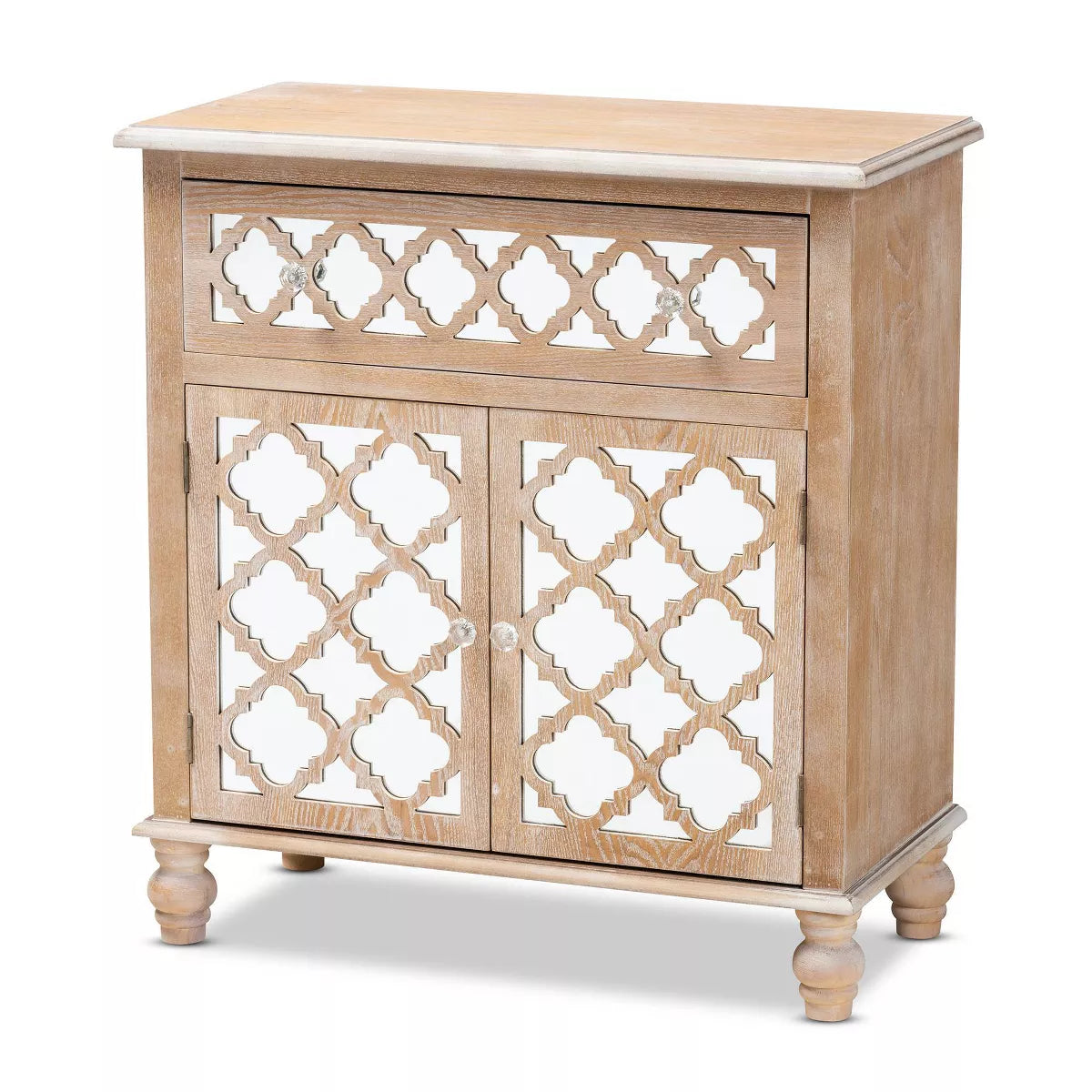 1 Drawer Leah Mirrored Storage Cabinet Whitewashed Brown - Baxton Studio: Bohemian Style, No Assembly, 10 Shelves