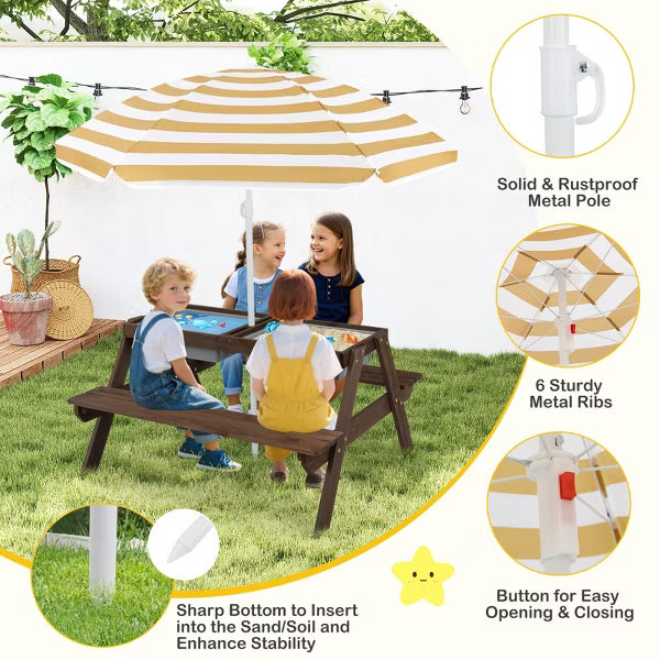 Costway 3-in-1 Kids Picnic Table Wooden Outdoor Sand & Water Table with Umbrella Play Boxes Brown