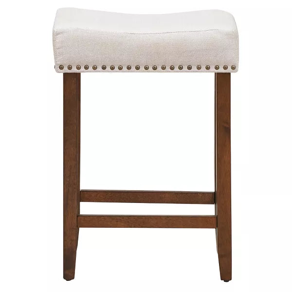 Costway Set of 4 Nailhead Saddle Bar Stools 24'' Height w/ Fabric Seat & Wood Legs Beige\Gray