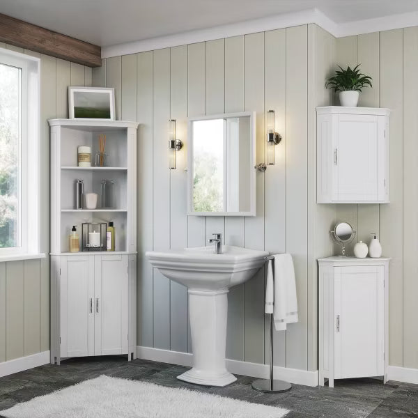 RiverRidge Somerset Corner Floor Bathroom Storage Cabinet Organizer with Doors and an Adjustable Shelf - White