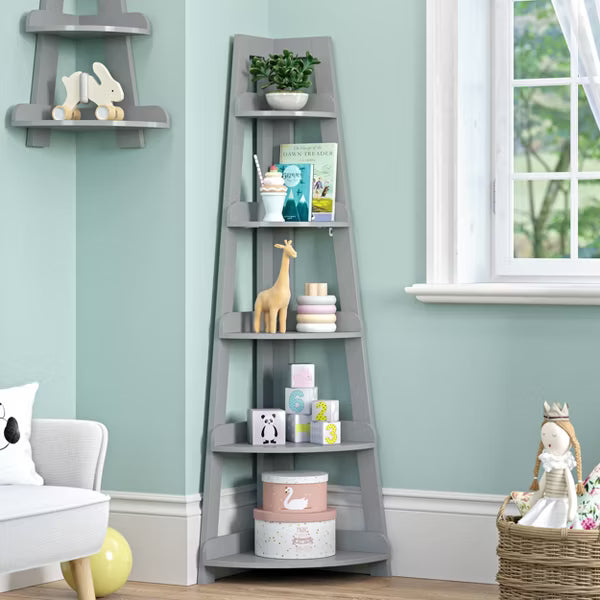RiverRidge Kids' 5-Tier Corner Ladder Playroom Display Bookshelf Organizer Gray: Small Bookshelf for Kids, MDF, 11" Cube System
