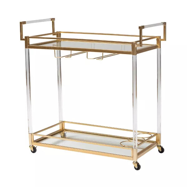 Savannah Metal and Glass Wine Cart Gold/Clear - Baxton Studio