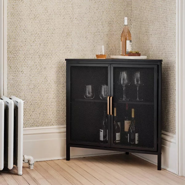 Mesh Corner Cabinet Black - Threshold™: Sleek Metal Storage with Golden Handles, V-Shaped Design