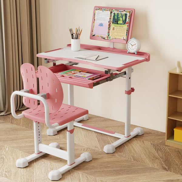 Costway HY10409PI Kids Study Desk & Chair Set with Tilt Desktop & Book Stand, Pink