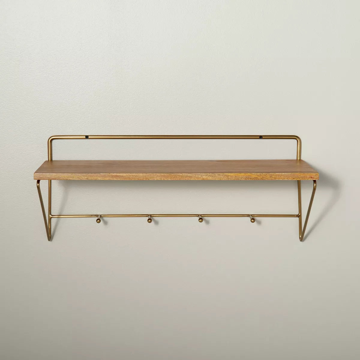 24" Wood & Brass Wall Shelf with Hooks - Hearth & Hand™ with Magnolia: Stained Mango, Iron Frame, No Assembly Required