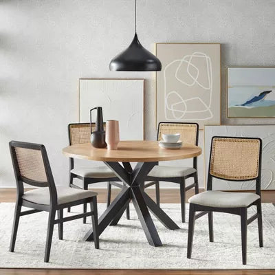 Set of 2 Gilcrest Cane Back Dining Chair Black/Natural - Lifestorey: Mid-Century Modern, Rubberwood Frame, Gray Upholstery