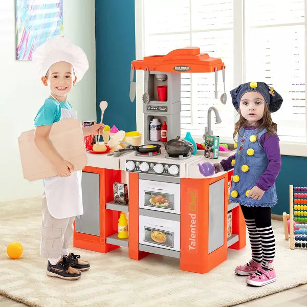 Costway Play Kitchen Set 67 PCS Kitchen Toy For Kids W/Food &Realistic Lights & Sounds