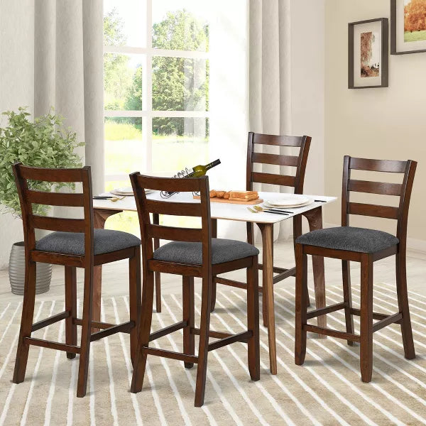 Set of 2 Barstools Counter Height Chairs w/Fabric Seat & Rubber Wood Legs