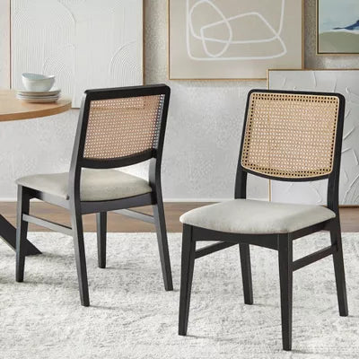 Set of 2 Gilcrest Cane Back Dining Chair Black/Natural - Lifestorey: Mid-Century Modern, Rubberwood Frame, Gray Upholstery