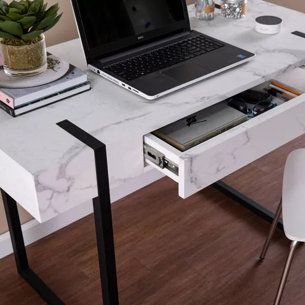 Wennan Modern Faux Marble Desk Black/White - Aiden Lane: Sturdy Iron Frame, Spacious Worktop