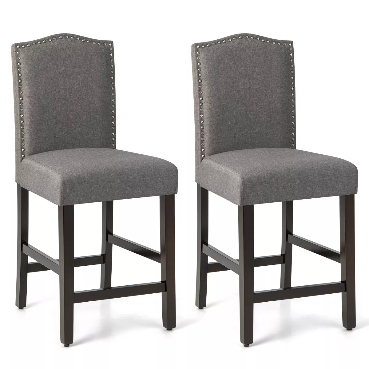 Set of 2 Fabric Barstools Nail Head Trim Counter Height Dining Side Chairs Grey/Beige