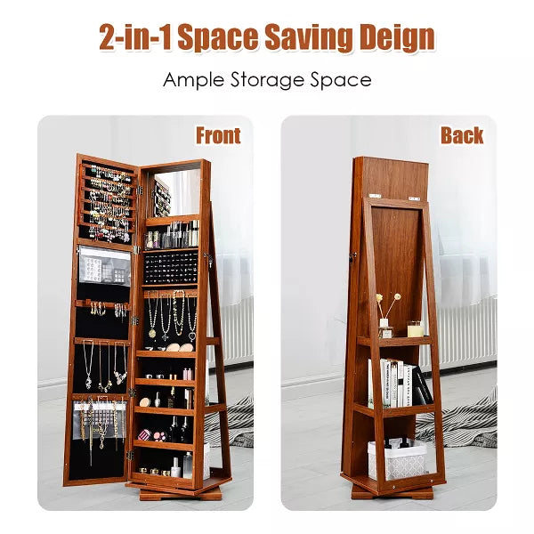 360degree Rotatable Jewelry Cabinet 2-in-1 Lockable Mirrored Organizer (brown)