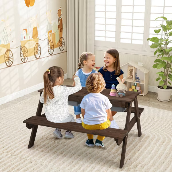 Costway 3-in-1 Kids Picnic Table Wooden Outdoor Sand & Water Table with Umbrella Play Boxes Brown